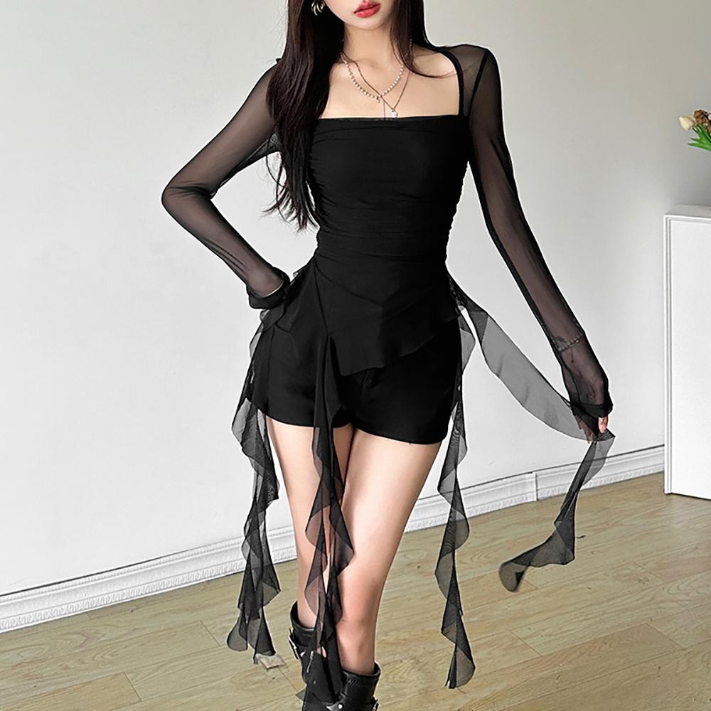 Women Square Neck Extended Sleeves Ruffles Top