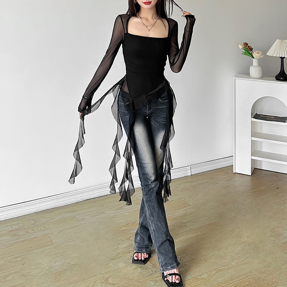 Women Square Neck Extended Sleeves Ruffles Top
