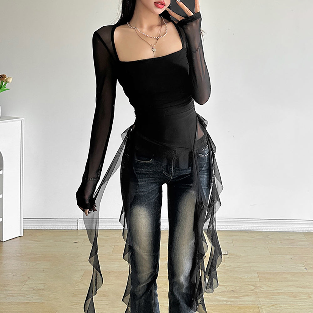 Women Square Neck Extended Sleeves Ruffles Top