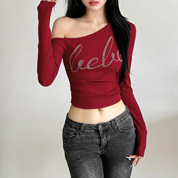Women One Shoulder Typography Crop Top