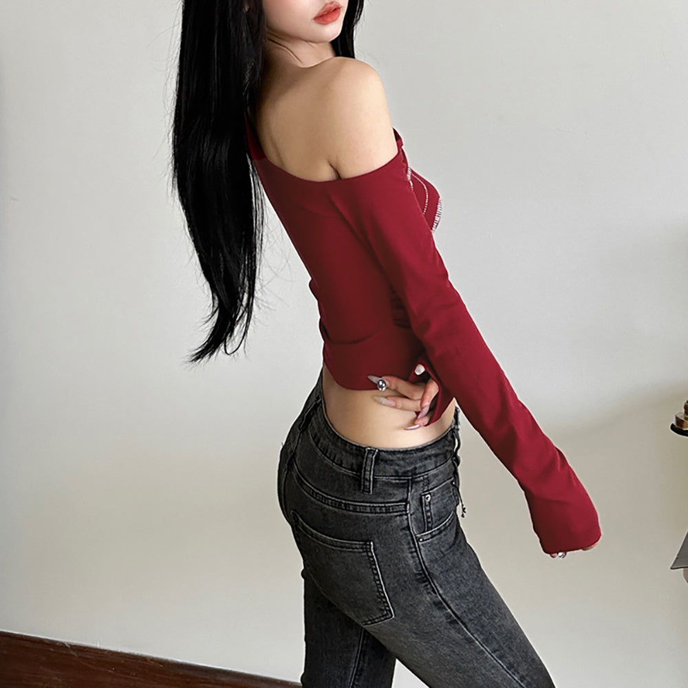 Women One Shoulder Typography Crop Top