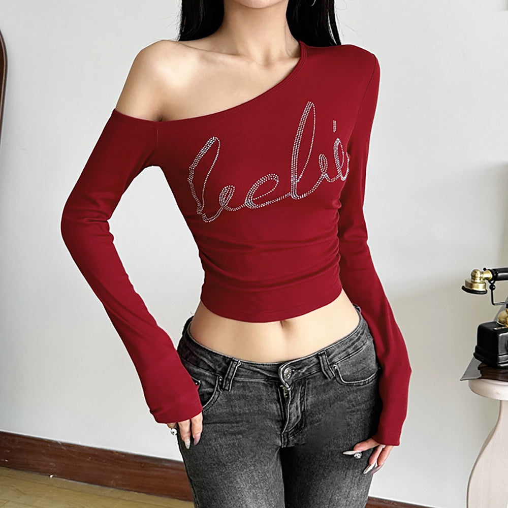 Women One Shoulder Typography Crop Top