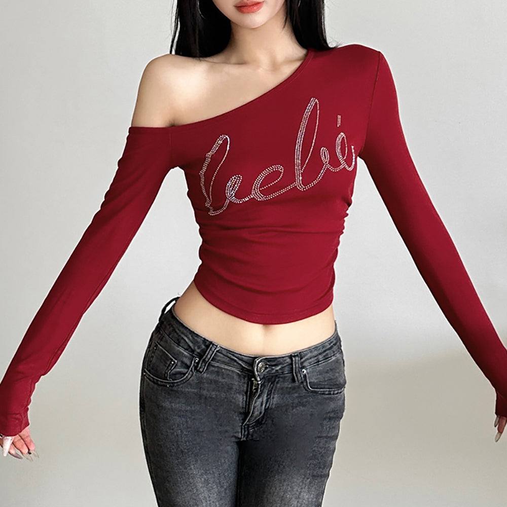 Women One Shoulder Typography Crop Top