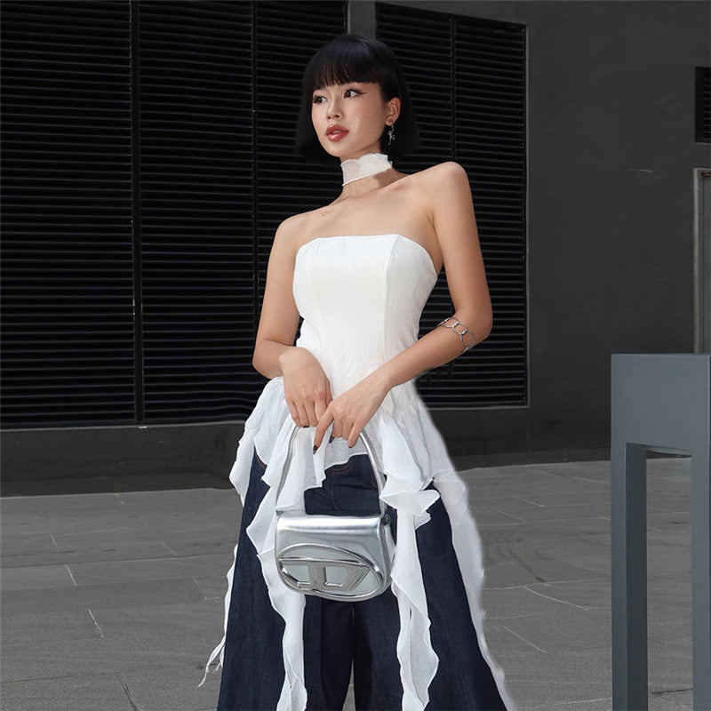 White Strapless Ruffles Cotton Fitted Top