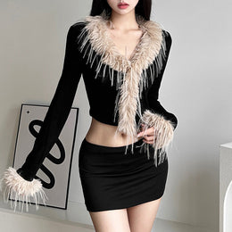 Black V-Neck Sheen Chiffon Crop Top