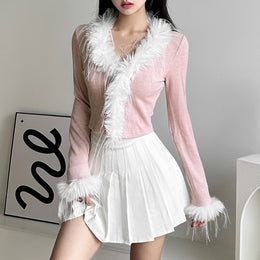 Pink Long Sleeves Chiffon Fur Crop Top
