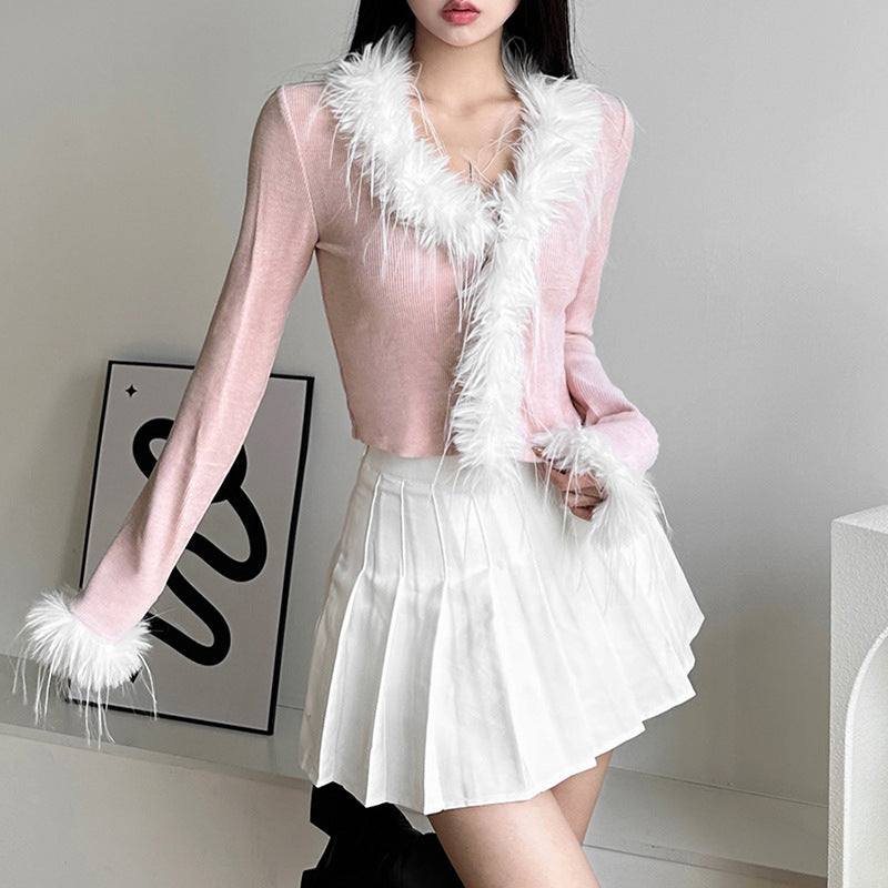 Pink Long Sleeves Chiffon Fur Crop Top