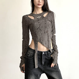 Brown Self Design Cut Out Linen Fitted Top