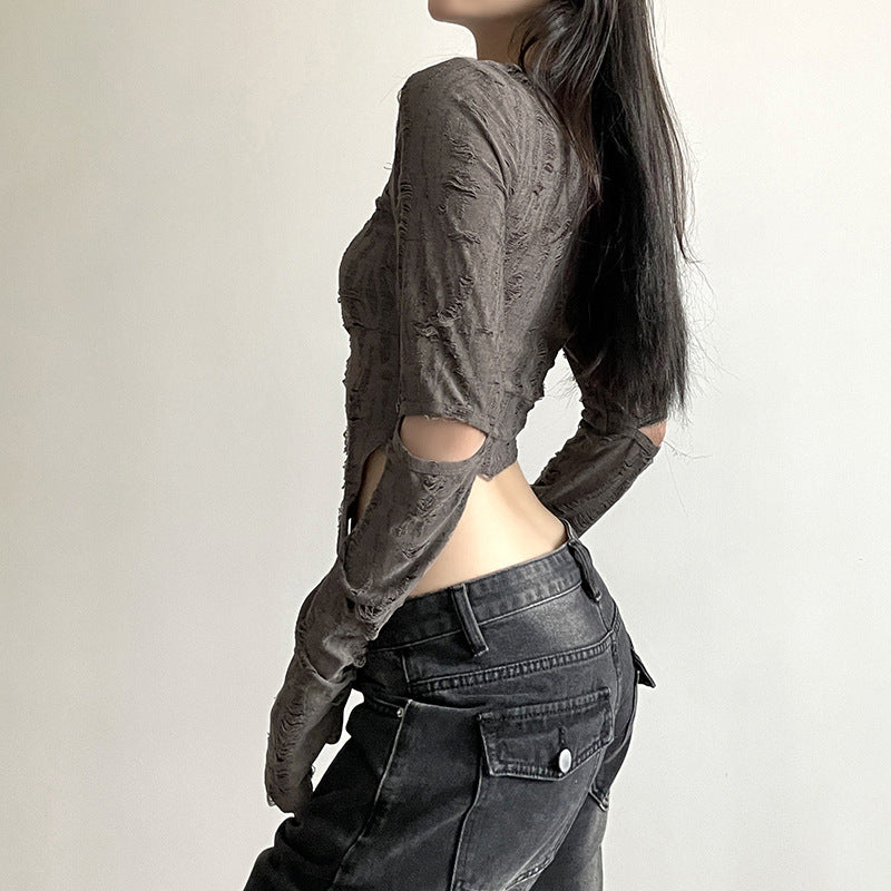 Brown Self Design Cut Out Linen Fitted Top