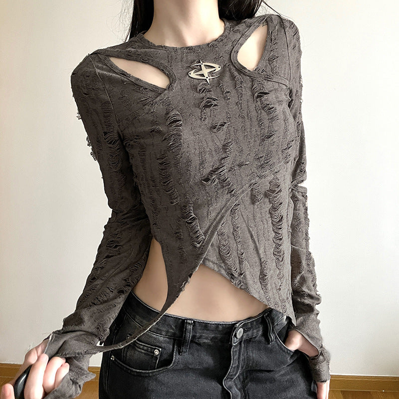 Brown Self Design Cut Out Linen Fitted Top