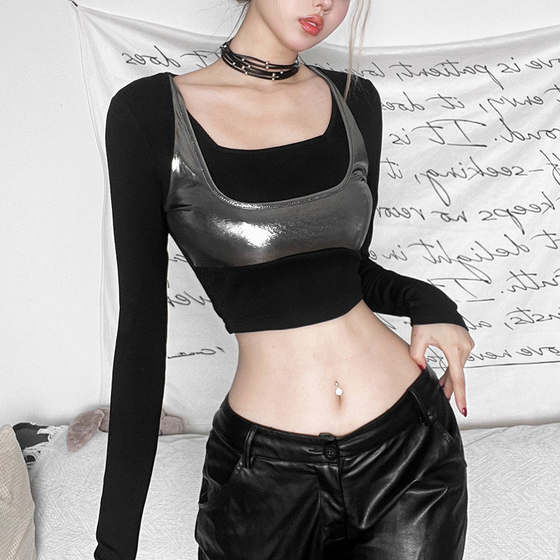 Black Square Neck Fitted Crop Top