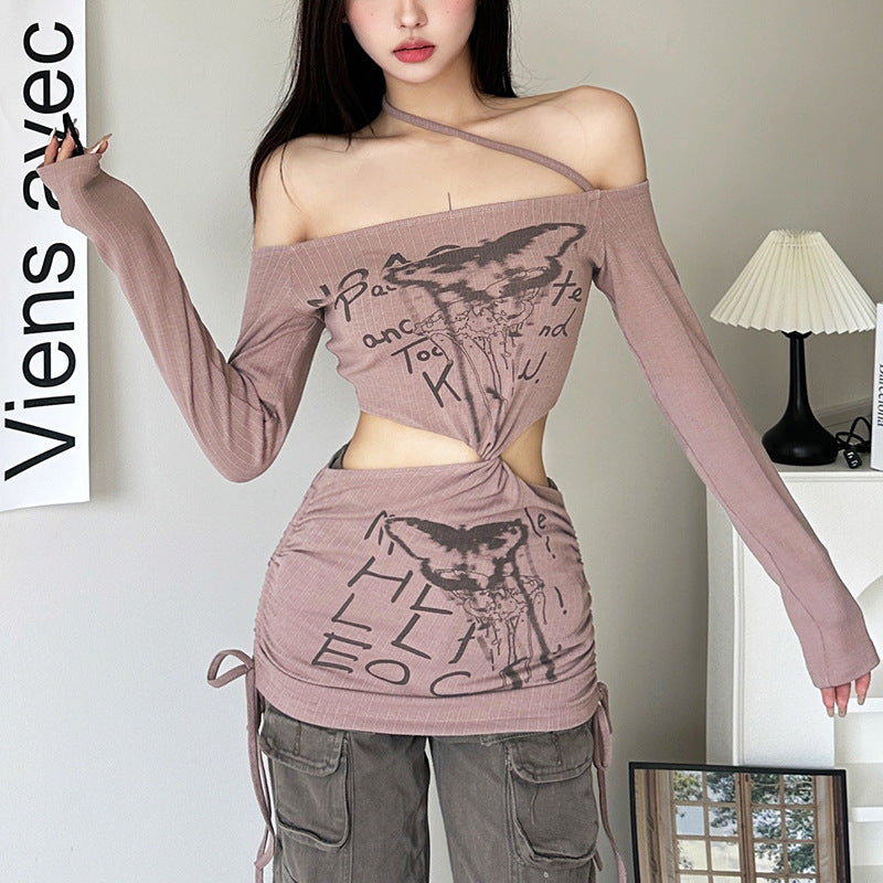 Pink Graphic Off-Shoulder Cut-Out Mini Dress