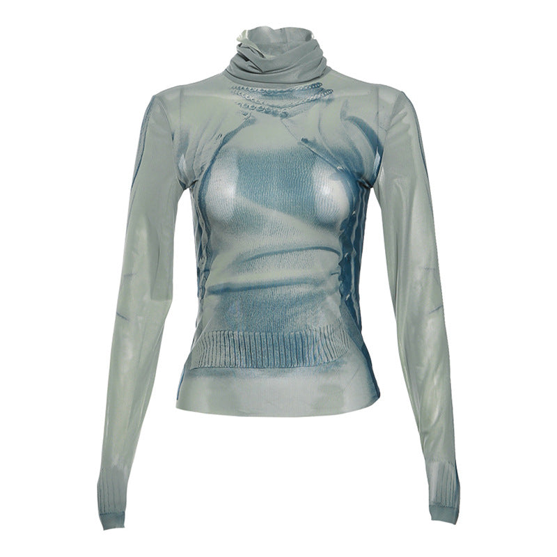 Blue Abstract Printed High Neck Top