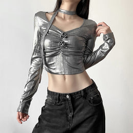 Silver-Toned V-Neck Crop Top