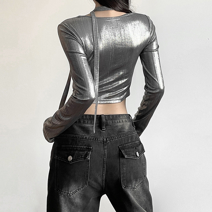Silver-Toned V-Neck Crop Top