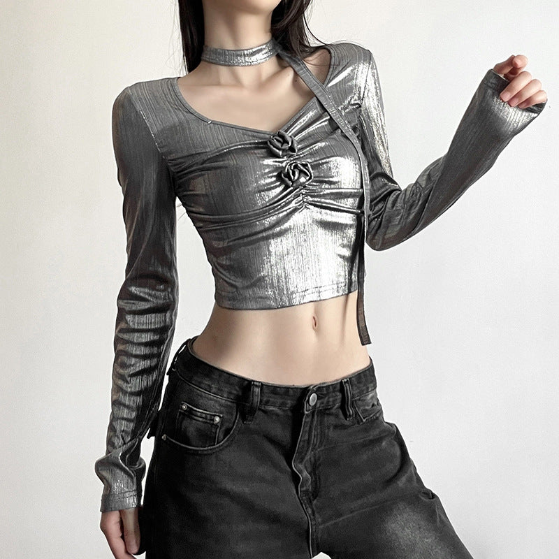 Silver-Toned V-Neck Crop Top