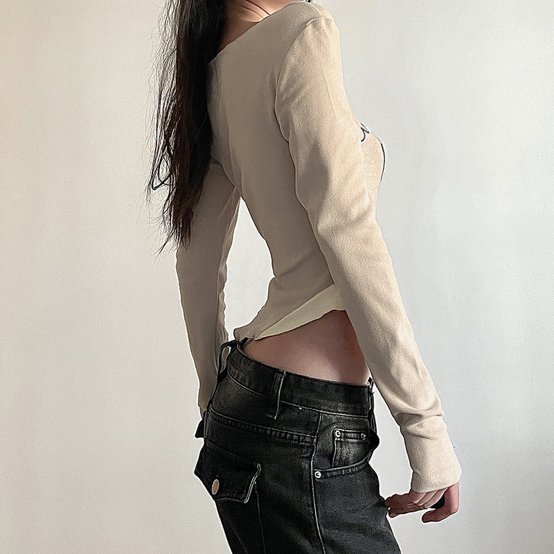 Beige Graphic Printed Fitted Crop Top