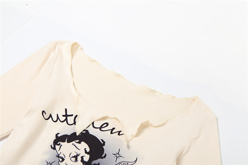 Beige Graphic Printed Fitted Crop Top