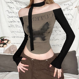 Brown Typography Printed Tube Crop Top