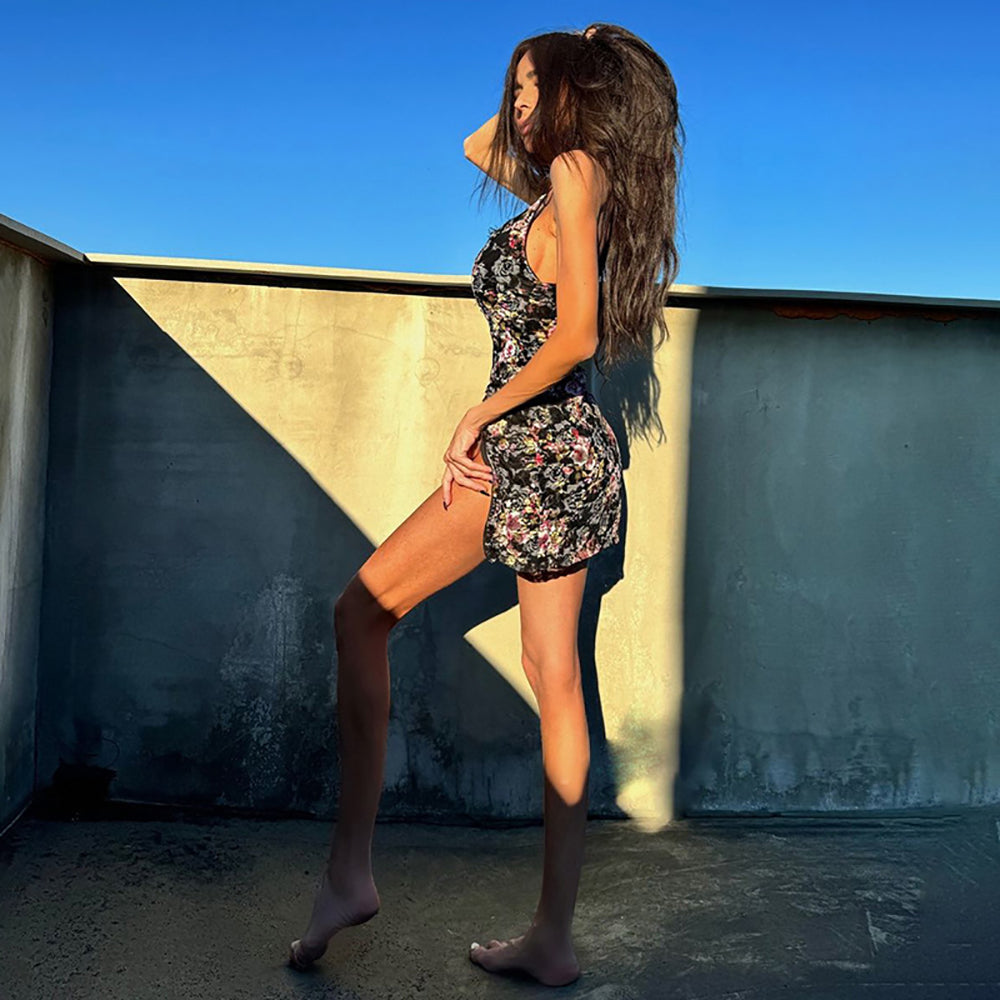 Women Floral Printed Bodycon Mini Dress