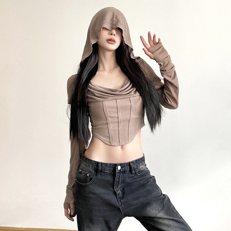 Brown Hooded Fitted Crop Top