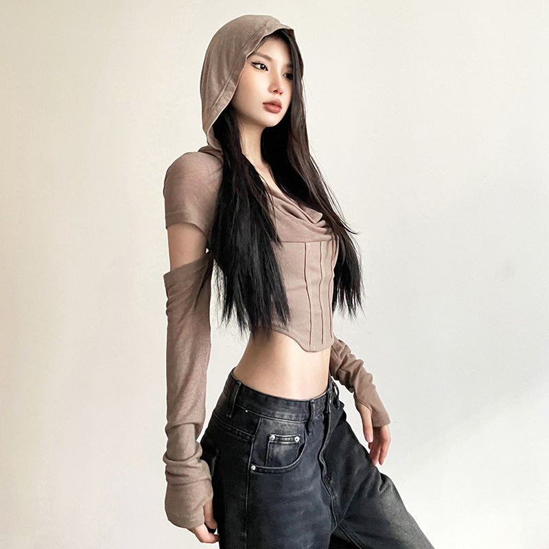 Brown Hooded Fitted Crop Top