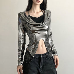 Silver-Toned Cowl Neck Georgette Top