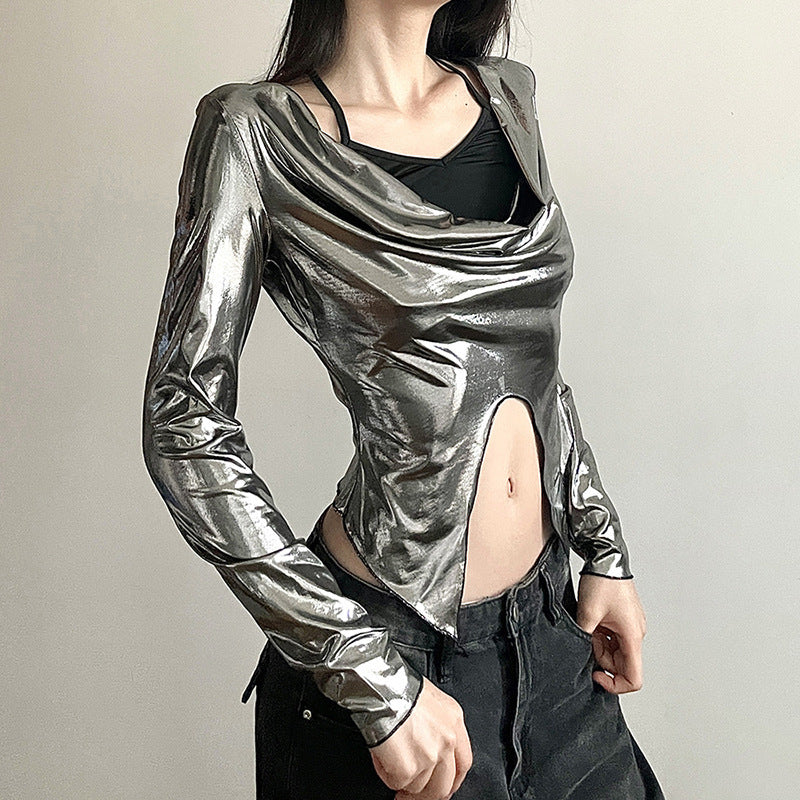 Silver-Toned Cowl Neck Georgette Top