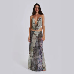 Green & Grey Halter Neck Top & Skirt