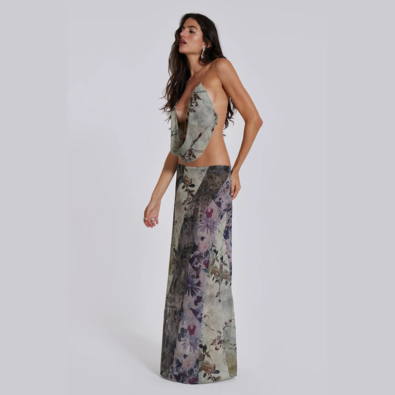 Green & Grey Halter Neck Top & Skirt