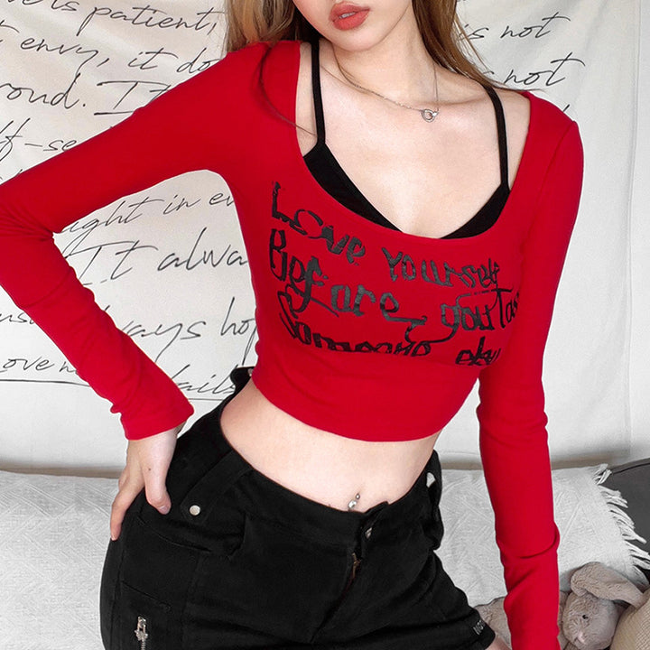 Red Typography Printed Extended Sleeves Fitted Crop Top