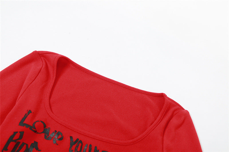 Red Typography Printed Extended Sleeves Fitted Crop Top