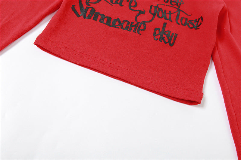 Red Typography Printed Extended Sleeves Fitted Crop Top