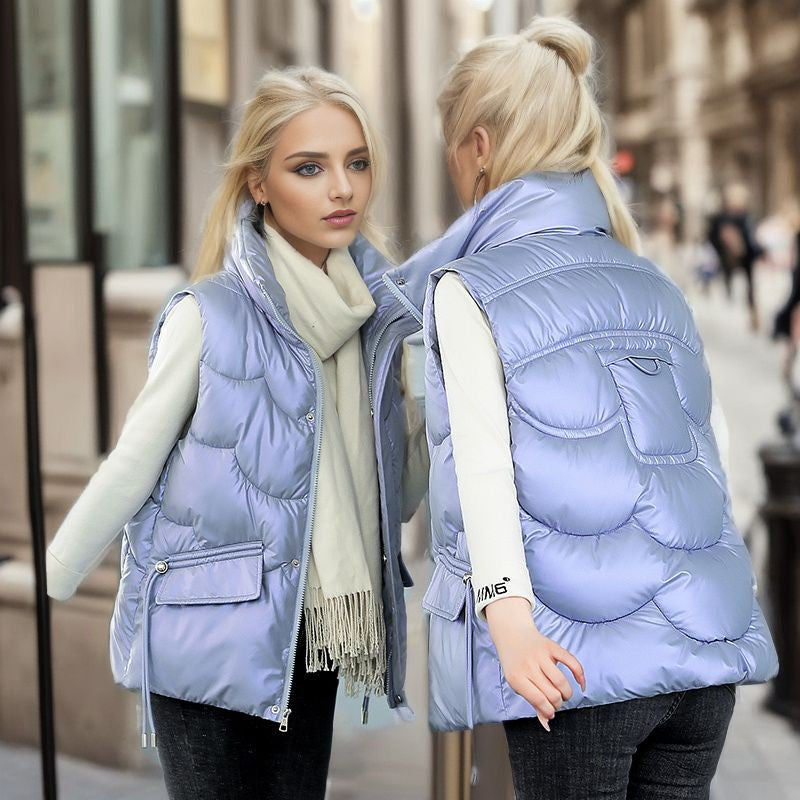 Blue Mock Collar Sleeveless Puffer Jacket