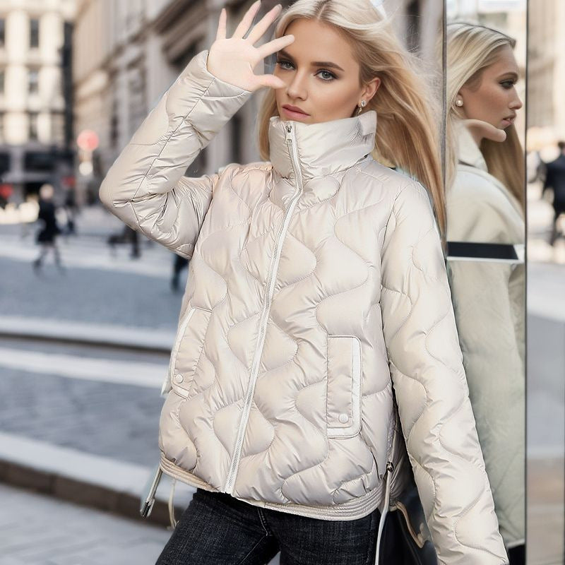 Women Champagne Mock Collar Insulator Puffer Jacket