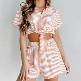 White Striped Waist Tie Up Crop Shirt and Shorts