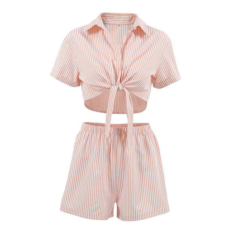 White Striped Waist Tie Up Crop Shirt and Shorts