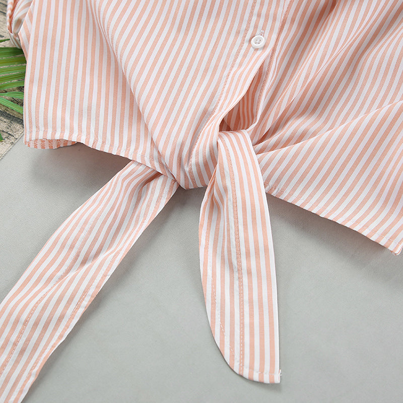 White Striped Waist Tie Up Crop Shirt and Shorts