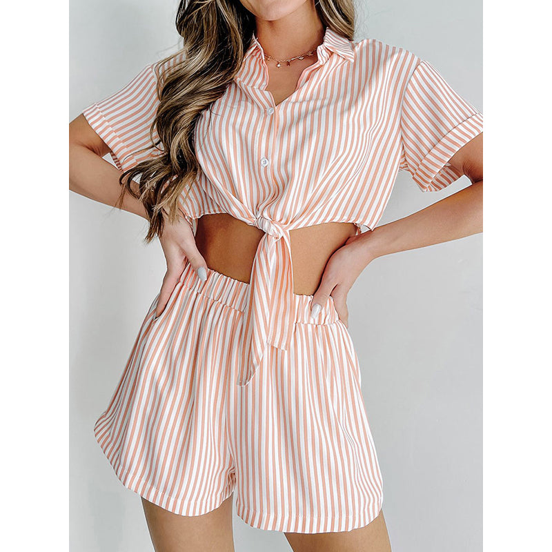 White Striped Waist Tie Up Crop Shirt and Shorts
