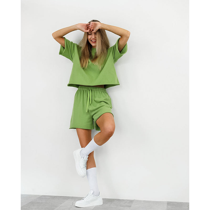 Green Round Neck T-shirt and Shorts Set