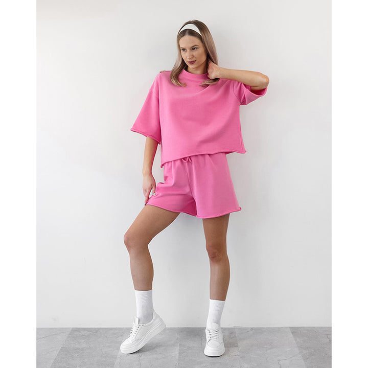 Fuchsia Round Neck T-shirt and Mid Rise Shorts
