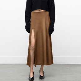 Brown Front Slit A-Line Midi Skirt
