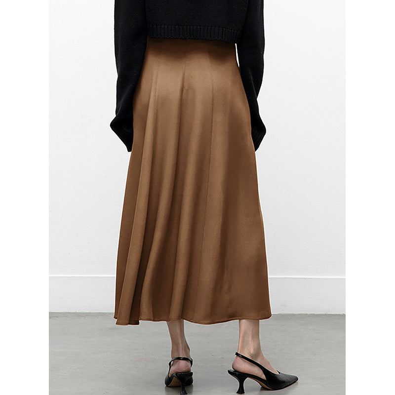 Brown Front Slit A-Line Midi Skirt