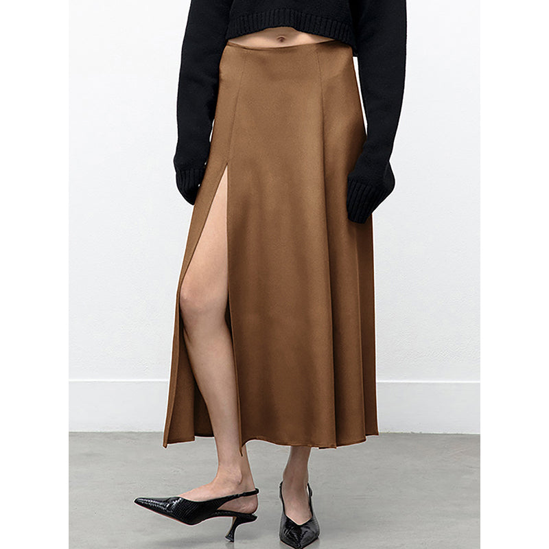 Brown Front Slit A-Line Midi Skirt