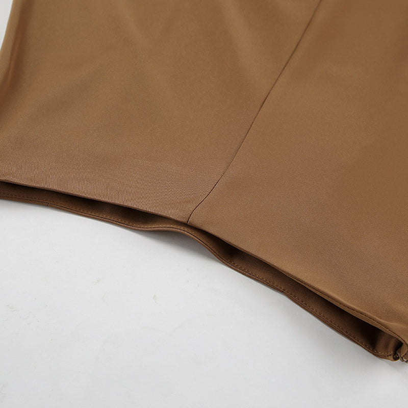 Brown Front Slit A-Line Midi Skirt