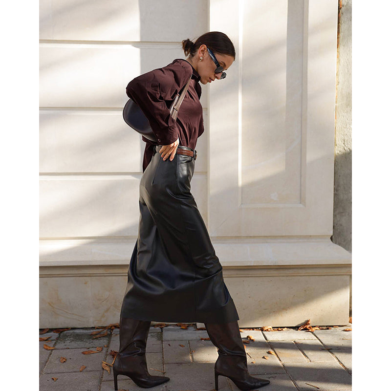 Black High-Rise A-Line Midi Skirt