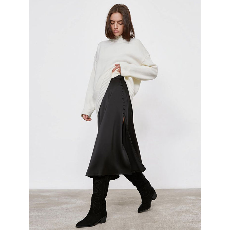 Black Side Slit A-Line Midi Skirt