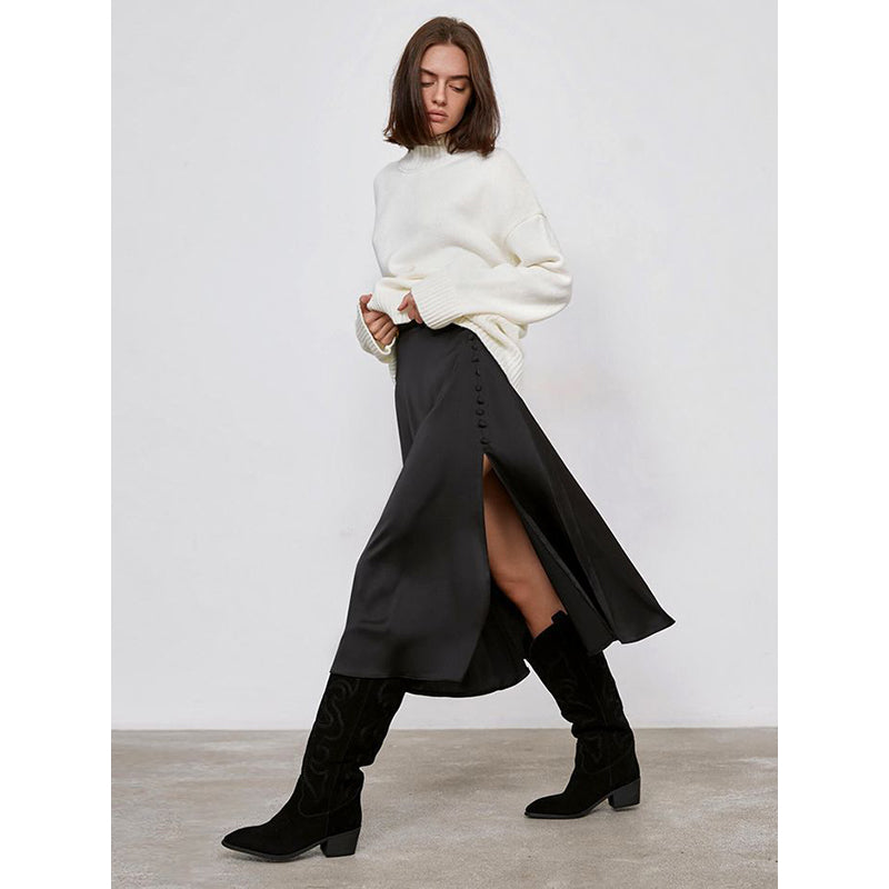 Black Side Slit A-Line Midi Skirt