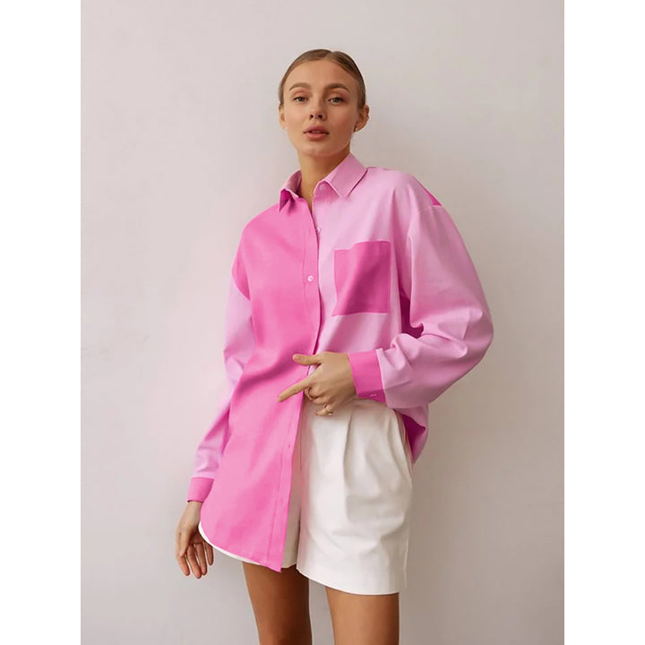 Pink Colourblocked Oversized Cotton Casual Shirt