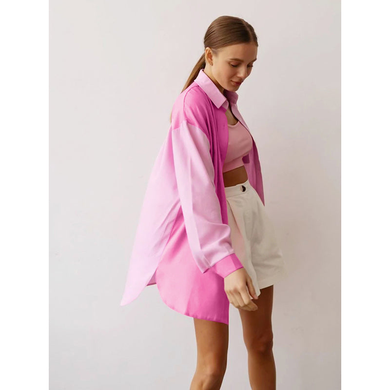Pink Colourblocked Oversized Cotton Casual Shirt
